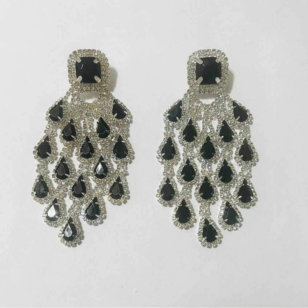 🔥🔥🔥High End Large Black Crystal Rhinestone Chandelier Drop Earrings - Picture 6 of 6